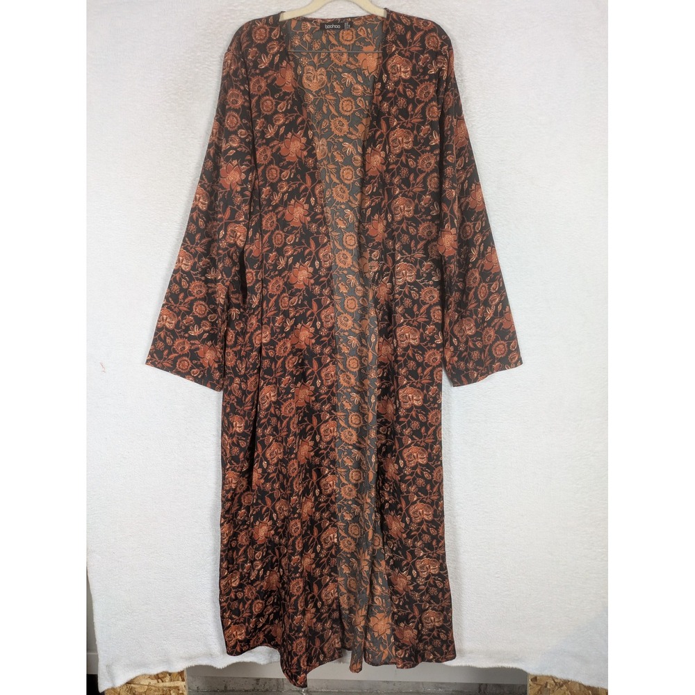 Boohoo Duster Cardigan Women's 16 Brown Floral Long Sleeve Open Front Maxi Boho